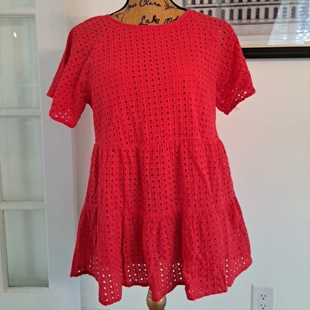 Jodifl Lace Boho Eyelet Lined Short Sleeve Top Red Large